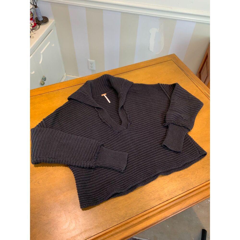 Free People Black Chunky Ribbed Oversized Shawl Collar Sweater — XS